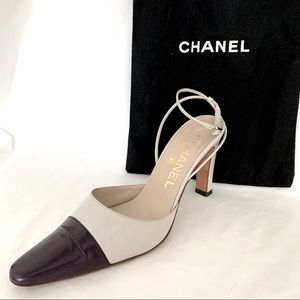 CHANEL Slingback with Ankle Strap, Gray with Plum accent, 3.5” heel, Size 35, IT